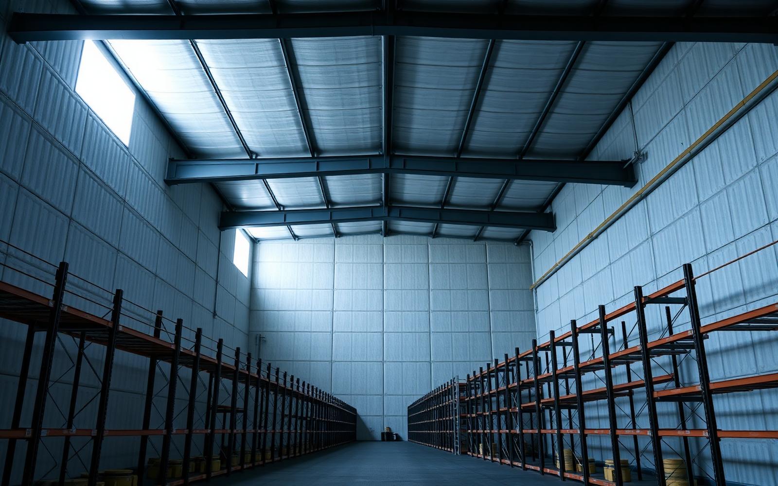 Interior of a large cold storage warehouse with insulated panel walls