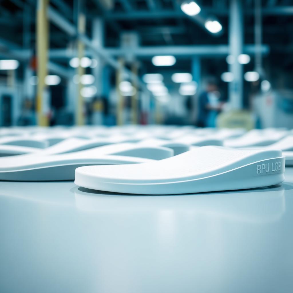 Row of moulded polyurethane shoe midsoles in a footwear factory