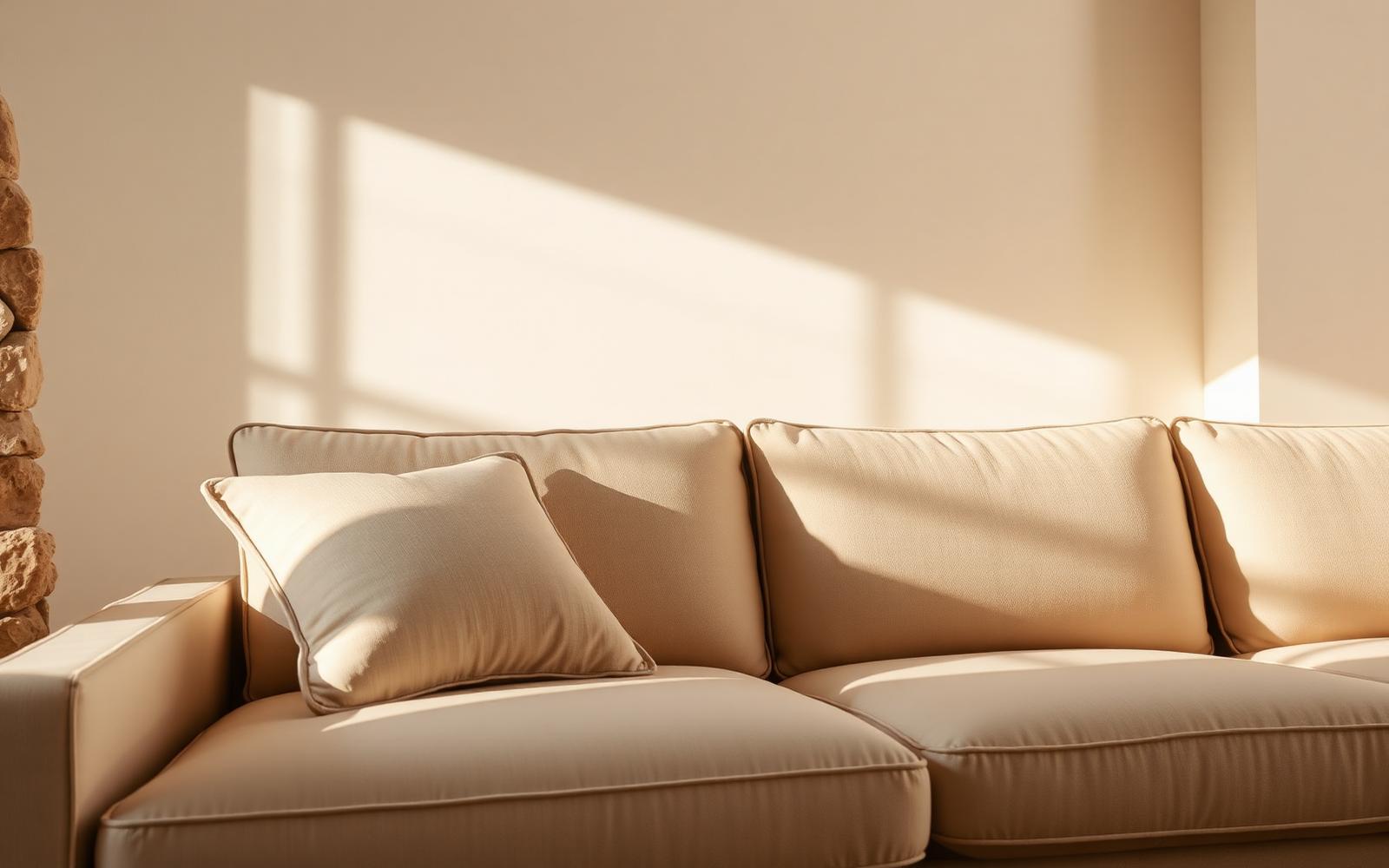 Close view of upholstered sofa cushions in a warm minimal interior
