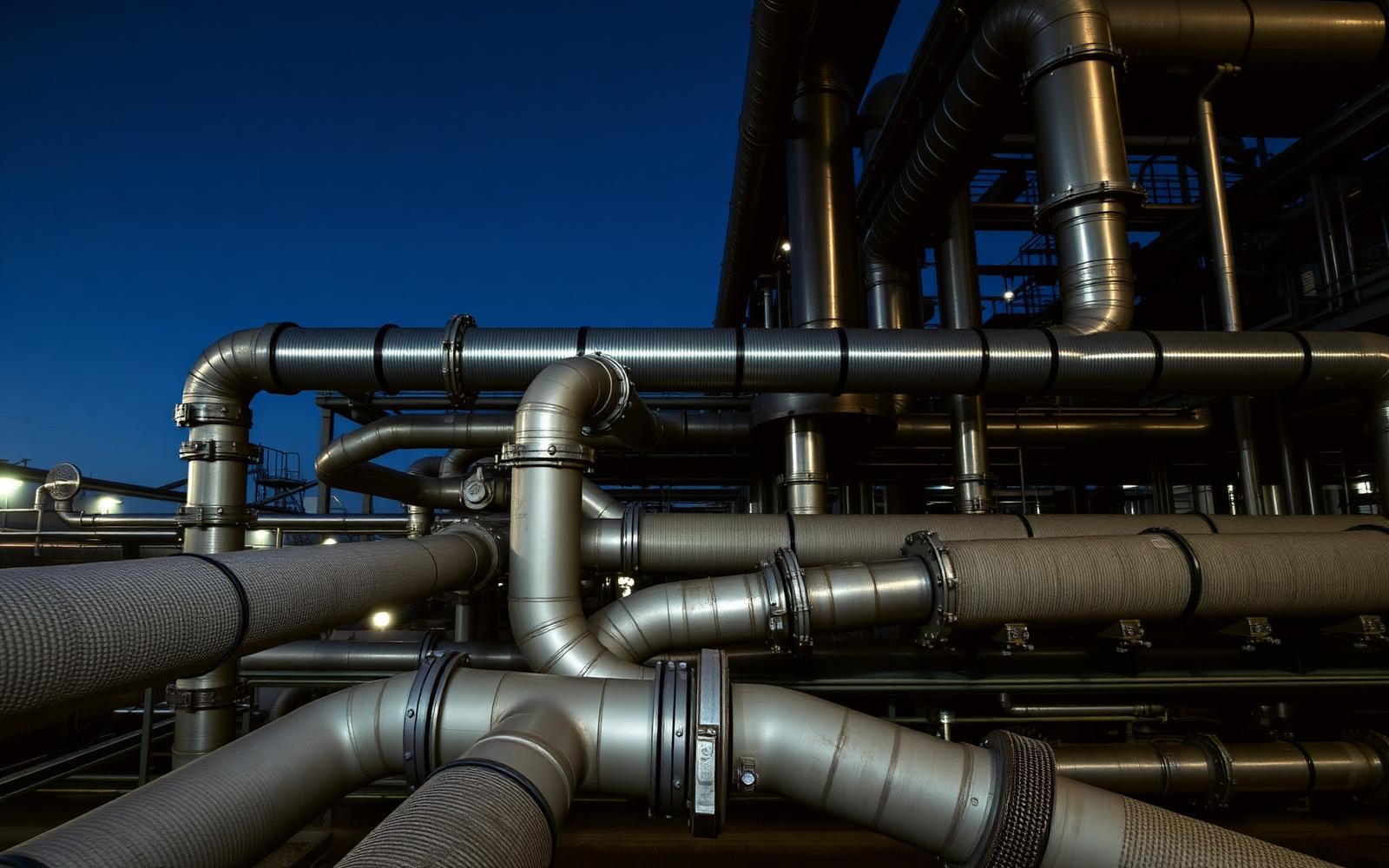 Insulated industrial pipework at an chemical processing plant at dusk