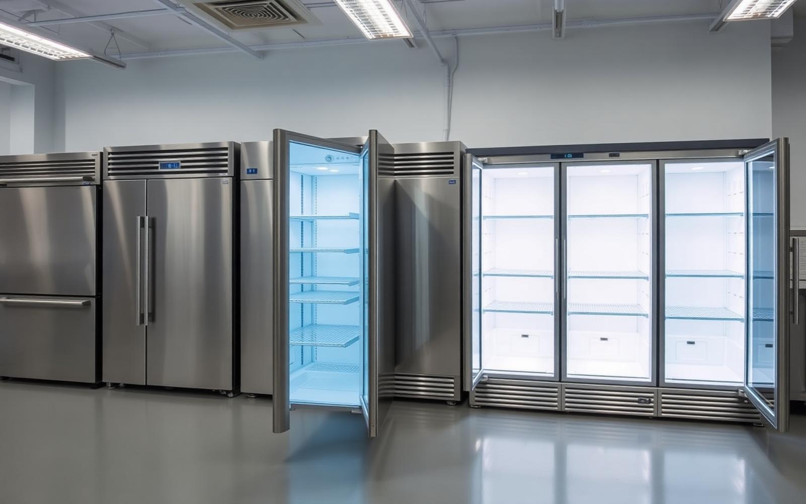 Row of stainless steel commercial refrigerators and freezers in a showroom
