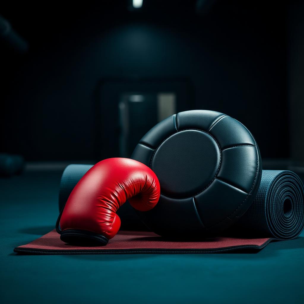 Boxing gloves and focus pad resting on gym mats in a training environment